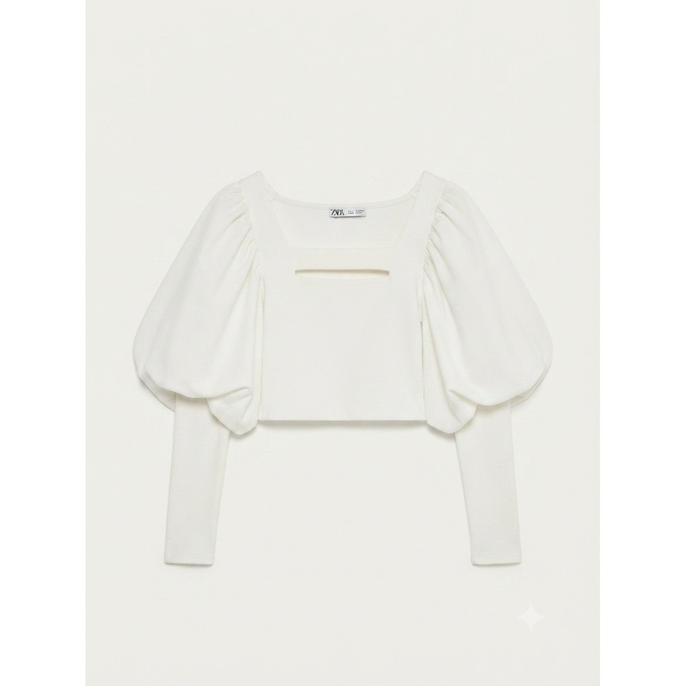 Zara Cropped Top Women S White Puff Sleeve Cutout‎ Ribbed Knit Statement Blouse